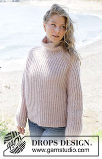 Ribs and Roses Sweater / DROPS 264-3 - Strikket genser i 1 tråd DROPS Air og 1 tråd DROPS Kid-Silk. Arbeidet strikkes ovenfra og ned med sadelskulder, patent og høy hals. Størrelse XS - XXXL.