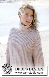 Ribs and Roses Sweater / DROPS 264-3 - Strikket genser i 1 tråd DROPS Air og 1 tråd DROPS Kid-Silk. Arbeidet strikkes ovenfra og ned med sadelskulder, patent og høy hals. Størrelse XS - XXXL.