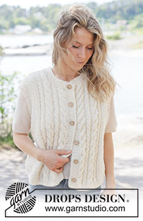 Vanilla Meringue / DROPS 264-30 - Gilet lavorato ai ferri in DROPS Alaska o DROPS Big Merino. Lavorato dal basso verso l’alto a trecce, grana di riso, I-cord e bordi. Taglie: XS - XXXL.