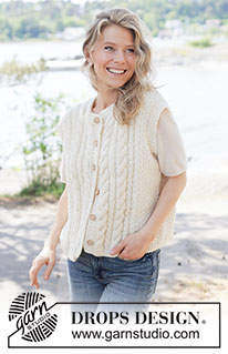 Vanilla Meringue / DROPS 264-30 - Gilet lavorato ai ferri in DROPS Alaska o DROPS Big Merino. Lavorato dal basso verso l’alto a trecce, grana di riso, I-cord e bordi. Taglie: XS - XXXL.