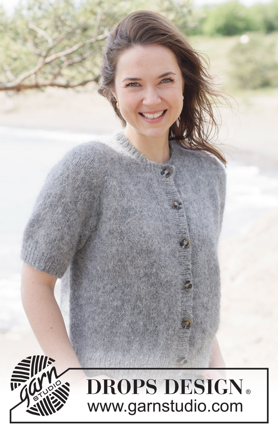 Misty Stone Cardigan / DROPS 264-31 - Knitted jacket with short sleeves in 1 strand DROPS Melody or 2 strands DROPS Brushed Alpaca Silk. Piece is knitted top down in stocking stitch with European yoke. Size XS – XXXL.
