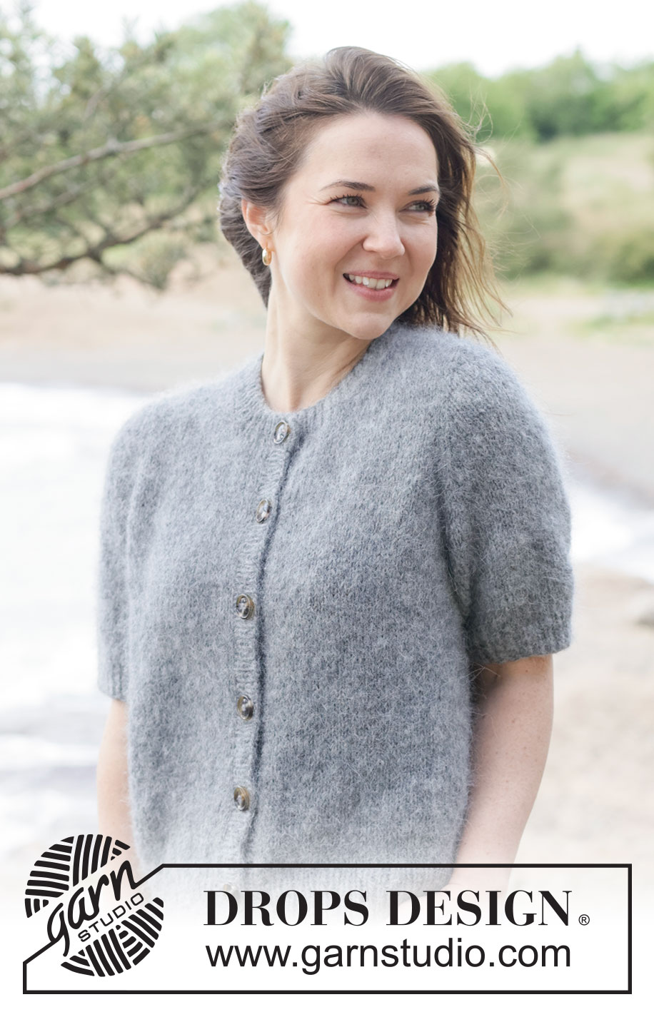 Misty Stone Cardigan / DROPS 264-31 - Knitted jacket with short sleeves in 1 strand DROPS Melody or 2 strands DROPS Brushed Alpaca Silk. Piece is knitted top down in stocking stitch with European yoke. Size XS – XXXL.