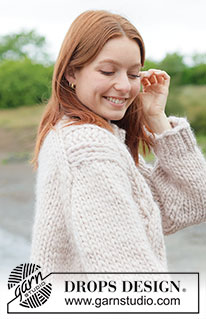 Ivory Cable Sweater / DROPS 264-33 - Strikket bluse DROPS Polaris. Arbejdet strikkes oppefra og ned med europæisk bærestykke / skrå skulder og snoninger. Størrelse XS - XXXL.