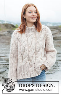 Ivory Cable Sweater / DROPS 264-33 - Strikket bluse DROPS Polaris. Arbejdet strikkes oppefra og ned med europæisk bærestykke / skrå skulder og snoninger. Størrelse XS - XXXL.
