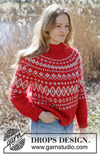 Crimson Cabin Sweater / DROPS 264-37 - Sweter na drutach, przerabiany od góry do dołu 1 nitką włóczki DROPS Daisy i 1 nitką DROPS Kid-Silk. Z zaokrąglonym karczkiem, żakardem norweskim i podwójnym wykończeniem dekoltu. Od S do XXXL.