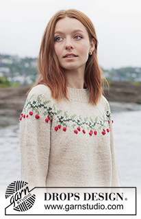 Holly Dolly Sweater / DROPS 264-39 - Sweter na drutach, przerabiany od góry do dołu, z włóczki DROPS Nepal. Przerabiany dżersejem, z zaokrąglonym karczkiem i żakardem w listki i owoce ostrokrzewu. Od XS do XXXL. Temat: Boże Narodzenie.
