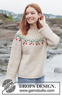 Holly Dolly Sweater / DROPS 264-39 - Sweter na drutach, przerabiany od góry do dołu, z włóczki DROPS Nepal. Przerabiany dżersejem, z zaokrąglonym karczkiem i żakardem w listki i owoce ostrokrzewu. Od XS do XXXL. Temat: Boże Narodzenie.