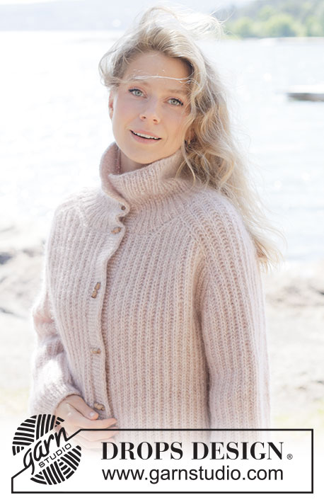 Ribs and Roses Cardigan / DROPS 264-4 - Propínací svetr se sedlovými náramenicemi pletený shora dolů chytovým patentem z 1 vlákna příze DROPS Air a 1 vlákna příze DROPS Kid-Silk. Velikost XS - XXXL.