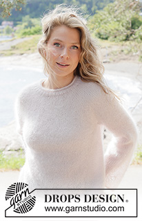 Marshmallow Muse Sweater / DROPS 264-9 - Maglione lavorato ai ferri in 3 capi di DROPS Kid-Silk. Lavorato dall’alto in basso a maglia rasata con sprone rotondo e chiusura arrotondata. Taglie: XS - XXXL.