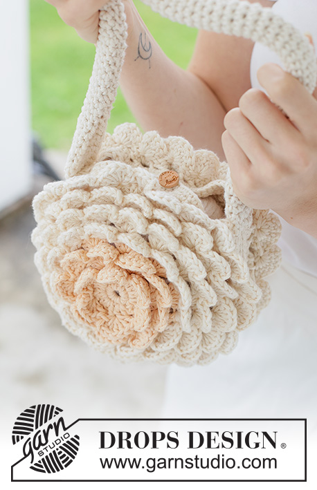 English Rose Bag / DROPS 265-10 - Heklet veske i DROPS Paris. Arbeidet hekles rundt med blomster.