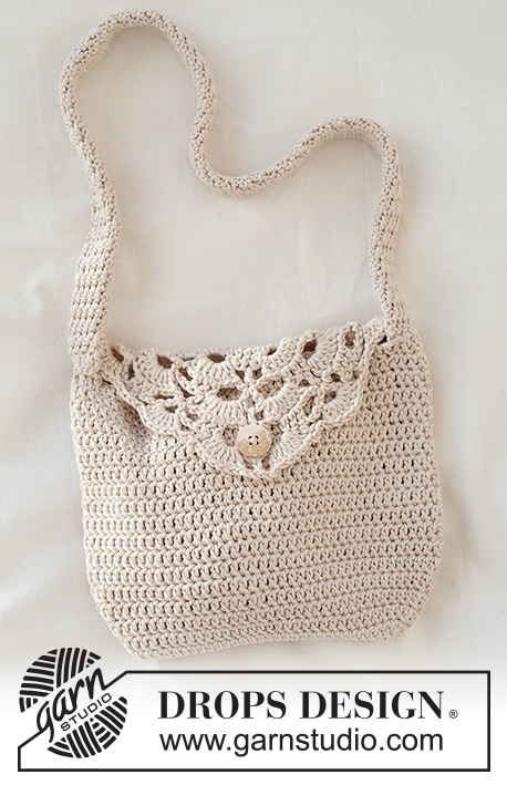 Treasure Keeper Bag / DROPS 265-11 - Heklet liten veske i DROPS Muskat. Arbeidet hekles ovenfra og ned i staver med viftemønster på klaffen.