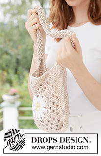 Daisy Patch Purse / DROPS 265-12 - Heklet veske med blomster i DROPS Paris. Arbeidet hekles som en bestemorrute.
