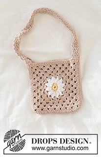 Daisy Patch Purse / DROPS 265-12 - Heklet veske med blomster i DROPS Paris. Arbeidet hekles som en bestemorrute.