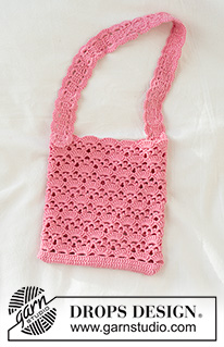 Rosy Charm Bag / DROPS 265-14 - Heklet veske i DROPS Safran. Arbeidet hekles rundt nedenfra og opp med viftemønster.