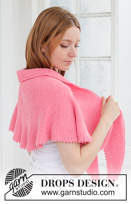 Evening Rose Shawl / DROPS 265-15 - Knitted shawl in DROPS Daisy. The piece is worked in garter stitch with short rows and picot-edge.