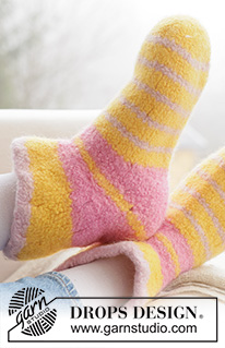 Candy Pop Slippers / DROPS 265-33 - Knitted and felted slippers in DROPS Snow, with stripes and rolled edges. Sizes 35-46 = US 4½ – 12½. Theme: Easter.