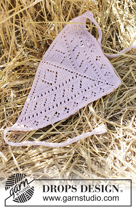 Rosy Rhythm Bandana / DROPS 265-5 - Neulottu huivi / bandana-huivi DROPS Cotton Merino -langasta. Työssä on pitsineuletta ja i-cord-reunus.