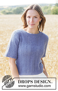 Lilac Serenade Top / DROPS 266-10 - Knitted sweater with short sleeves in DROPS Brushed Alpaca Silk. The piece is worked top down with knitted-up sleeves and lace pattern. Sizes XS - XXXL.