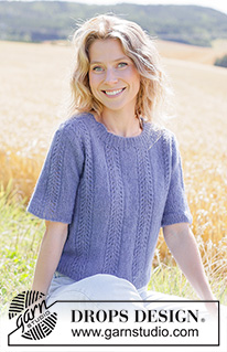 Lilac Serenade Top / DROPS 266-10 - Knitted sweater with short sleeves in DROPS Brushed Alpaca Silk. The piece is worked top down with knitted-up sleeves and lace pattern. Sizes XS - XXXL.