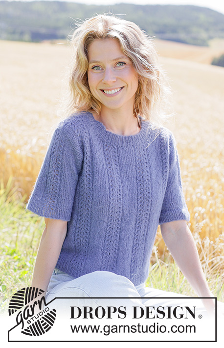 Lilac Serenade Top / DROPS 266-10 - Knitted sweater with short sleeves in DROPS Brushed Alpaca Silk. The piece is worked top down with knitted-up sleeves and lace pattern. Sizes XS - XXXL.