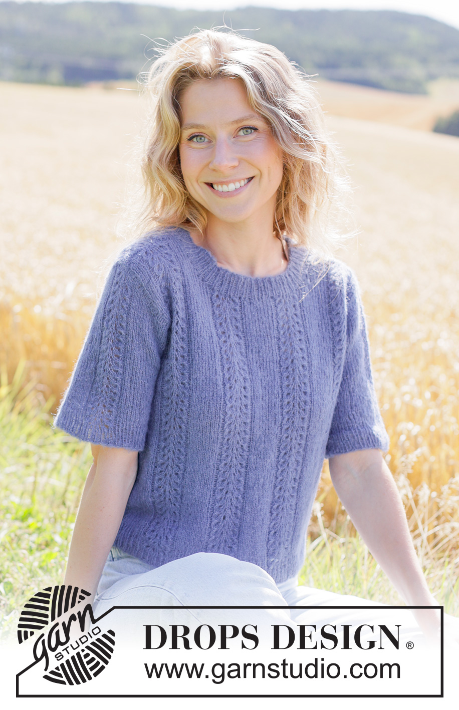 Lilac Serenade Top / DROPS 266-10 - Knitted sweater with short sleeves in DROPS Brushed Alpaca Silk. The piece is worked top down with knitted-up sleeves and lace pattern. Sizes XS - XXXL.