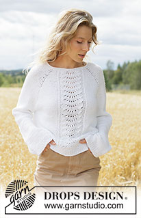 White Dreams Sweater / DROPS 266-11 - Ylhäältä alas neulottu pusero DROPS Paris-langasta. Työssä on raglanlinjat, aaltokuvioita ja sileää neuletta. Koot XS - XXXL.