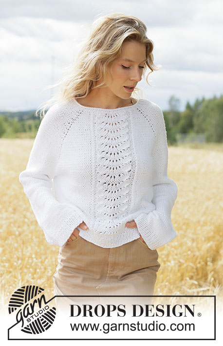 White Dreams Sweater / DROPS 266-11 - Ylhäältä alas neulottu pusero DROPS Paris-langasta. Työssä on raglanlinjat, aaltokuvioita ja sileää neuletta. Koot XS - XXXL.