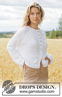 White Dreams Cardigan / DROPS 266-12 - Ylhäältä alas neulottu jakku DROPS Paris-langasta. Työssä on raglanlinjat, sileää neuletta ja aaltokuvioita. Koot XS - XXXL.