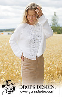 White Dreams Cardigan / DROPS 266-12 - Ylhäältä alas neulottu jakku DROPS Paris-langasta. Työssä on raglanlinjat, sileää neuletta ja aaltokuvioita. Koot XS - XXXL.