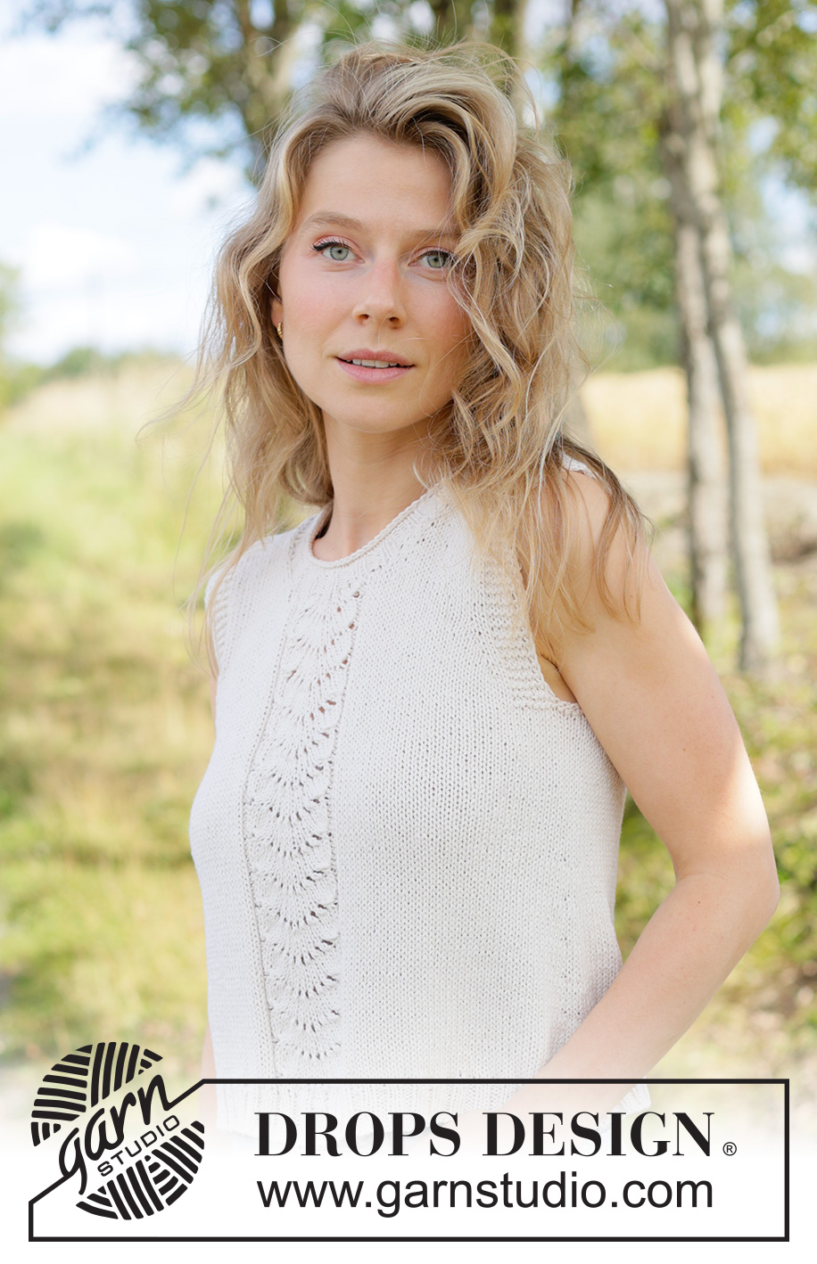 Summer Fan Top / DROPS 266-14 - Strikket top i DROPS Belle. Arbejdet strikkes oppefra og ned med bølgemønster og i-cord. Størrelse XS - XXXL.