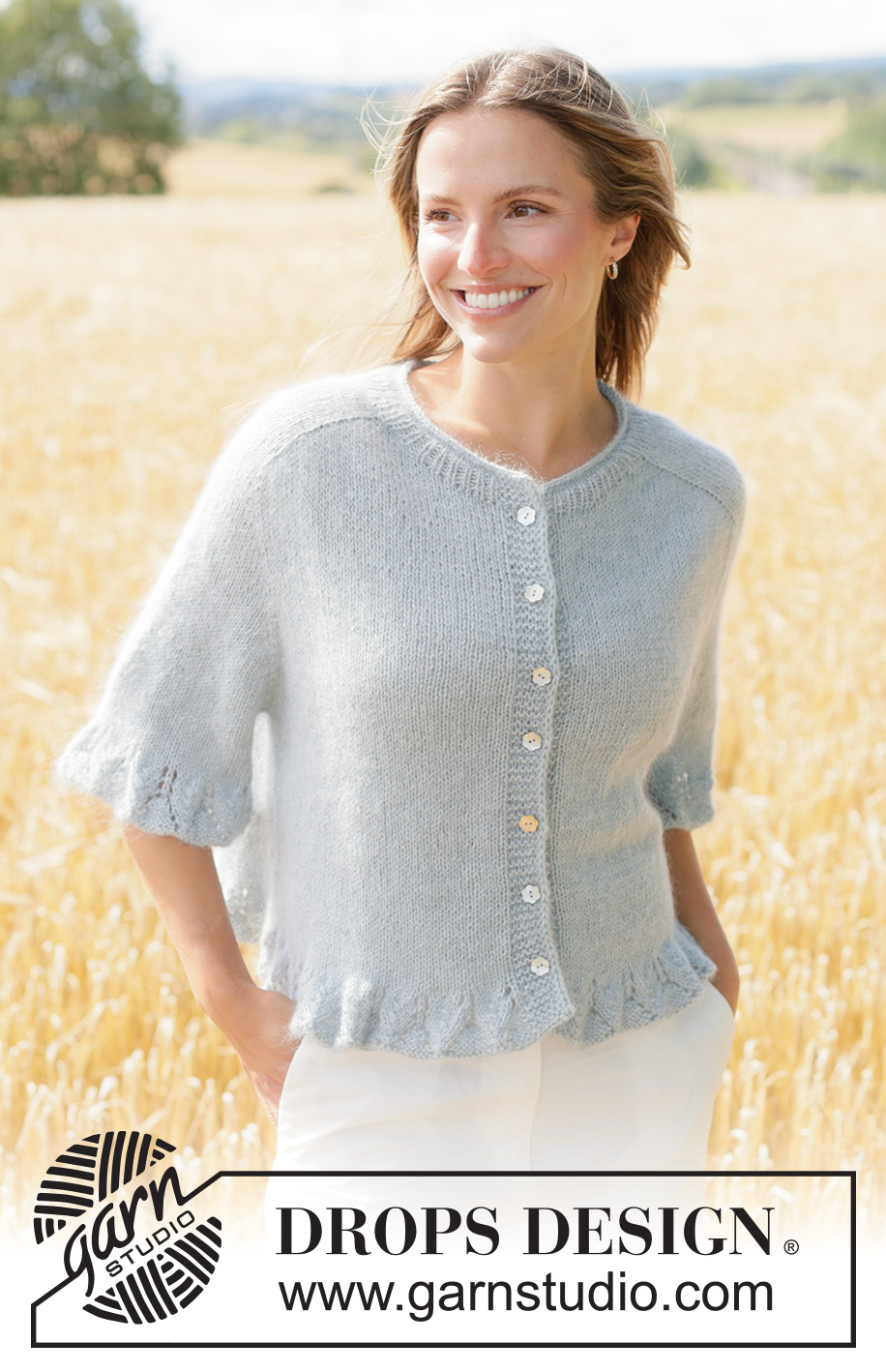 Mist Wave Cardigan / DROPS 266-16 - Knitted jacket in DROPS Alpaca and DROPS Kid-Silk. The piece is worked top down in stocking stitch with saddle shoulders, rolled neck-edge, lace pattern, I-cord and short sleeves. Sizes XS - XXXL.