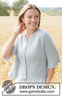 Mist Wave Cardigan / DROPS 266-16 - Knitted jacket in DROPS Alpaca and DROPS Kid-Silk. The piece is worked top down in stocking stitch with saddle shoulders, rolled neck-edge, lace pattern, I-cord and short sleeves. Sizes XS - XXXL.