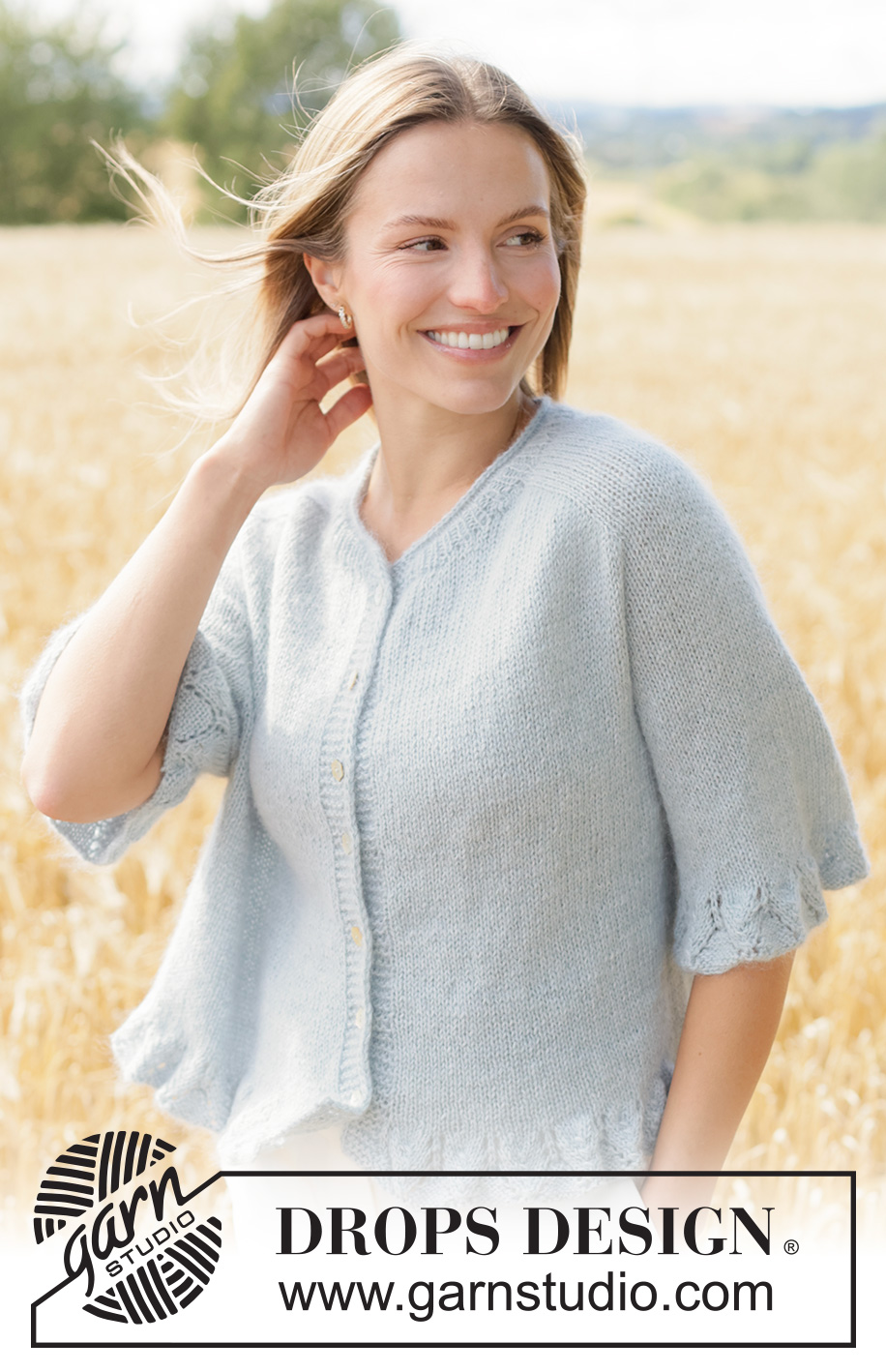 Mist Wave Cardigan / DROPS 266-16 - Knitted jacket in DROPS Alpaca and DROPS Kid-Silk. The piece is worked top down in stocking stitch with saddle shoulders, rolled neck-edge, lace pattern, I-cord and short sleeves. Sizes XS - XXXL.