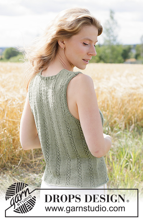 Mossy Trails Top / DROPS 266-18 - Gestricktes Top in DROPS Belle. Die Arbeit wird von oben nach unten mit Lochmuster und I-Cord gestrickt. Größe XS - XXXL.