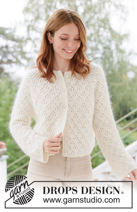 Lace Diamond Cardigan / DROPS 266-2 - Knitted jacket in DROPS Alpaca and DROPS Kid-Silk. The piece is worked top down with raglan, lace pattern and bands with I-cord. Sizes XS - XXXL.