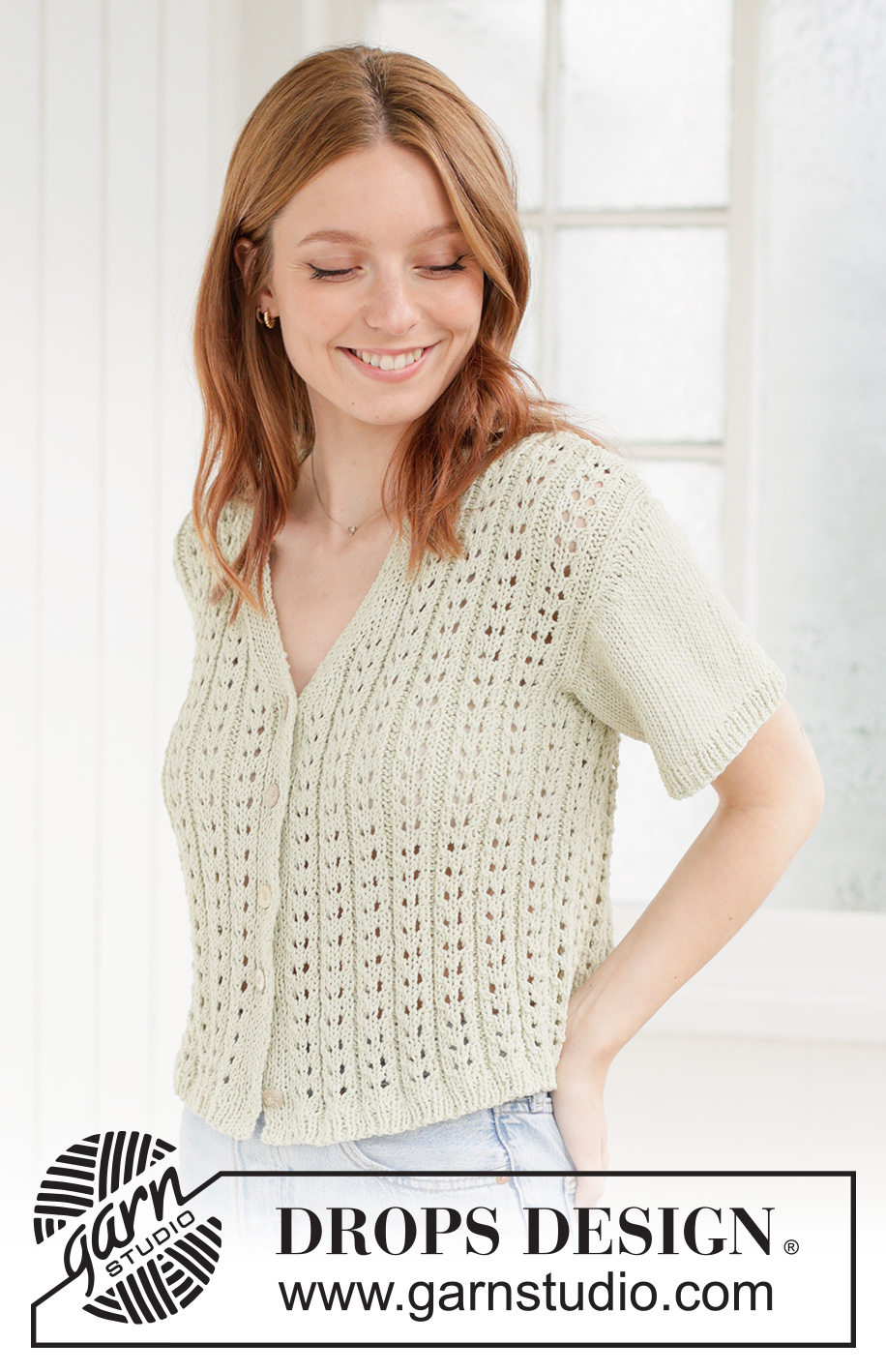 Sweet Lime Cardi / DROPS 266-25 - Knitted jacket with short sleeves in DROPS Cotton Light. Piece is knitted bottom up with lace pattern, V-neck and I-cord. Size XS – XXXL.