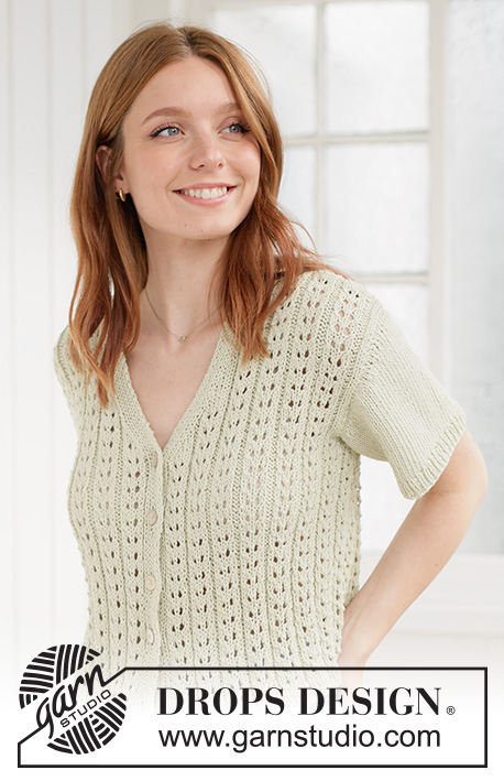 Sweet Lime Cardi / DROPS 266-25 - Knitted jacket with short sleeves in DROPS Cotton Light. Piece is knitted bottom up with lace pattern, V-neck and I-cord. Size XS – XXXL.