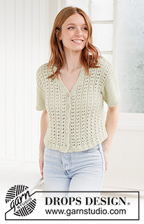 Sweet Lime Cardi / DROPS 266-25 - Knitted jacket with short sleeves in DROPS Cotton Light. Piece is knitted bottom up with lace pattern, V-neck and I-cord. Size XS – XXXL.