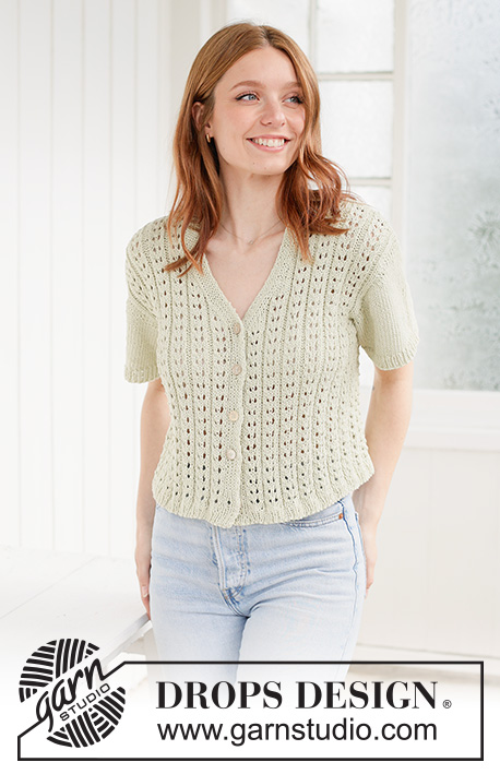 Sweet Lime Cardi / DROPS 266-25 - Knitted jacket with short sleeves in DROPS Cotton Light. Piece is knitted bottom up with lace pattern, V-neck and I-cord. Size XS – XXXL.