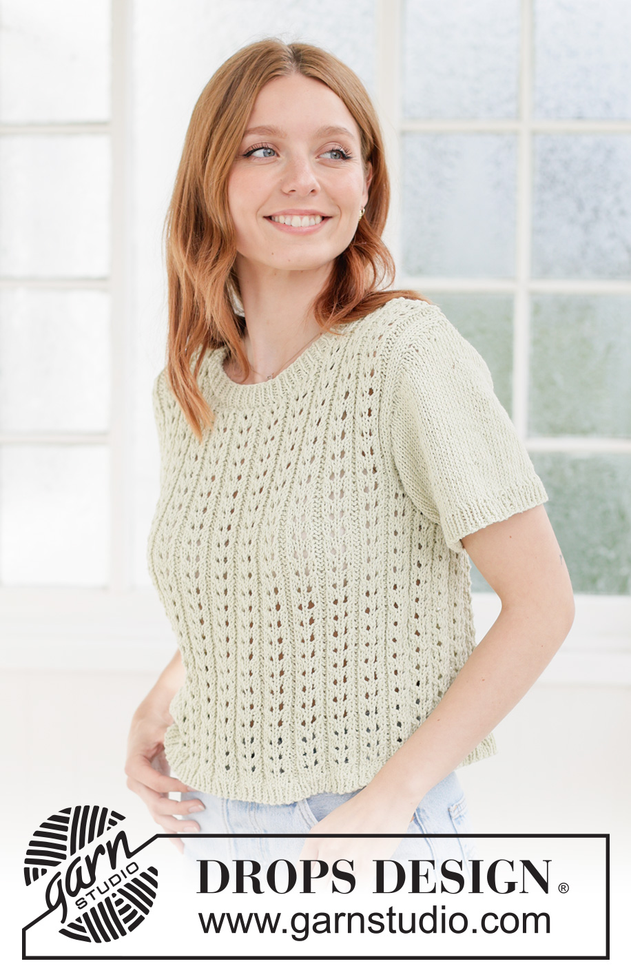 Sweet Lime Top / DROPS 266-26 - Pull tricoté avec manches courtes en DROPS Cotton Light. Se tricote de bas en haut avec point ajouré. Du XS au XXXL.
