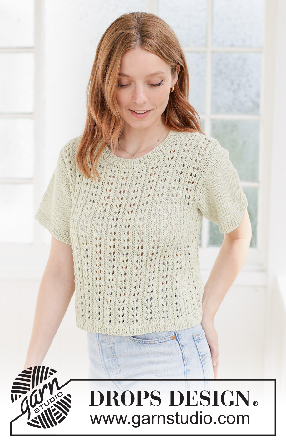 Sweet Lime Top / DROPS 266-26 - Pull tricoté avec manches courtes en DROPS Cotton Light. Se tricote de bas en haut avec point ajouré. Du XS au XXXL.