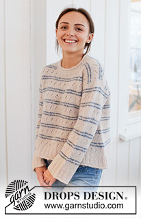 Harbour Stripes Sweater / DROPS 266-27 - Kötött pulóver DROPS Melody fonalból. A darabot fentről lefelé irányban készítjük, ferde / európai vállvonallal csipke- és csíkos mintával és pöndörödő szélekkel, XS-XXXL méretben