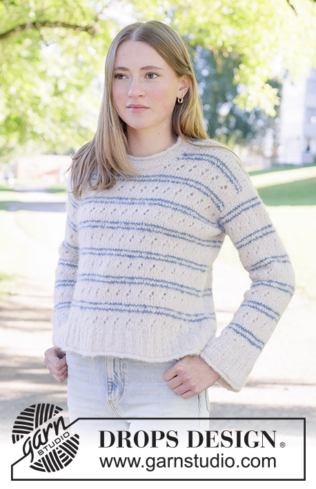 Harbour Stripes Sweater / DROPS 266-27 - Kötött pulóver DROPS Melody fonalból. A darabot fentről lefelé irányban készítjük, ferde / európai vállvonallal csipke- és csíkos mintával és pöndörödő szélekkel, XS-XXXL méretben
