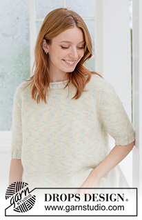 Pastel Bloom Sweater / DROPS 266-29 - Jersey a punto en DROPS Fiesta y DROPS Kid-Silk. La labor se trabaja de arriba abajo con punto jersey con canesú europeo, manga corta y cenefa del cuello enrollado. Tallas XS - XXXL.