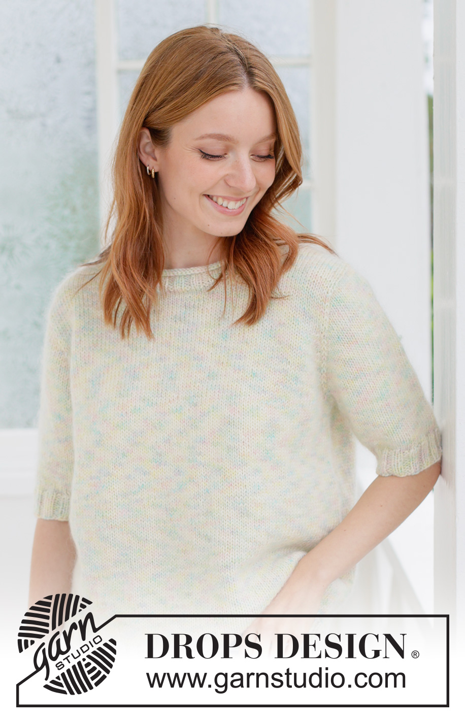 Pastel Bloom Sweater / DROPS 266-29 - Jersey a punto en DROPS Fiesta y DROPS Kid-Silk. La labor se trabaja de arriba abajo con punto jersey con canesú europeo, manga corta y cenefa del cuello enrollado. Tallas XS - XXXL.