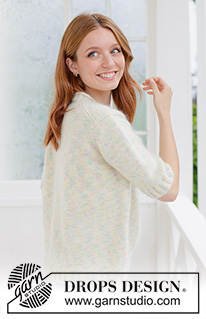 Pastel Bloom Sweater / DROPS 266-29 - Jersey a punto en DROPS Fiesta y DROPS Kid-Silk. La labor se trabaja de arriba abajo con punto jersey con canesú europeo, manga corta y cenefa del cuello enrollado. Tallas XS - XXXL.
