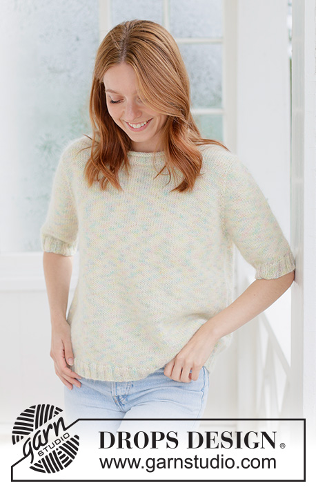 Pastel Bloom Sweater / DROPS 266-29 - Jersey a punto en DROPS Fiesta y DROPS Kid-Silk. La labor se trabaja de arriba abajo con punto jersey con canesú europeo, manga corta y cenefa del cuello enrollado. Tallas XS - XXXL.