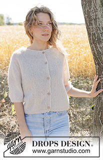 Quiet Field Cardigan / DROPS 266-31 - Propínací svetr se sedlovými náramenice, rolovacím lemem, dutinkou a krátkými rukávy pletený shora dolů lícovým žerzejem z příze DROPS Brushed Alpaca Silk. Velikosti: XS - XXXL.