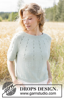 Mint Halo Sweater / DROPS 266-33 - Knitted jumper in DROPS Cotton Merino or DROPS Belle. The piece is worked top down with round yoke, lace pattern on the yoke and short sleeves. Sizes XS - XXXL.
