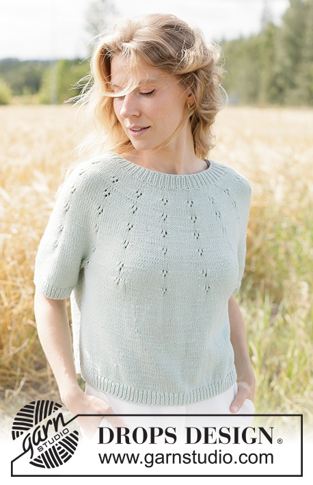 Mint Halo Sweater / DROPS 266-33 - Knitted jumper in DROPS Cotton Merino or DROPS Belle. The piece is worked top down with round yoke, lace pattern on the yoke and short sleeves. Sizes XS - XXXL.